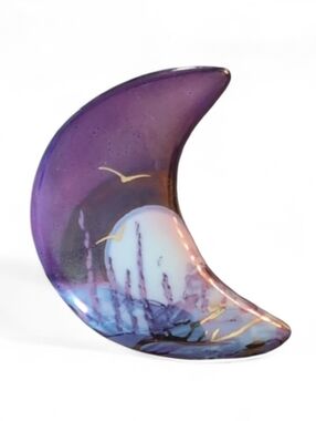 Vintage Hand-Painted Ceramic Crescent Moon Brooch Pendant | Purple Night Sky